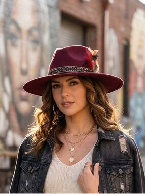 Burgundy Felt Wide Brim Hat w/ Feather Accent Boho Western Festival